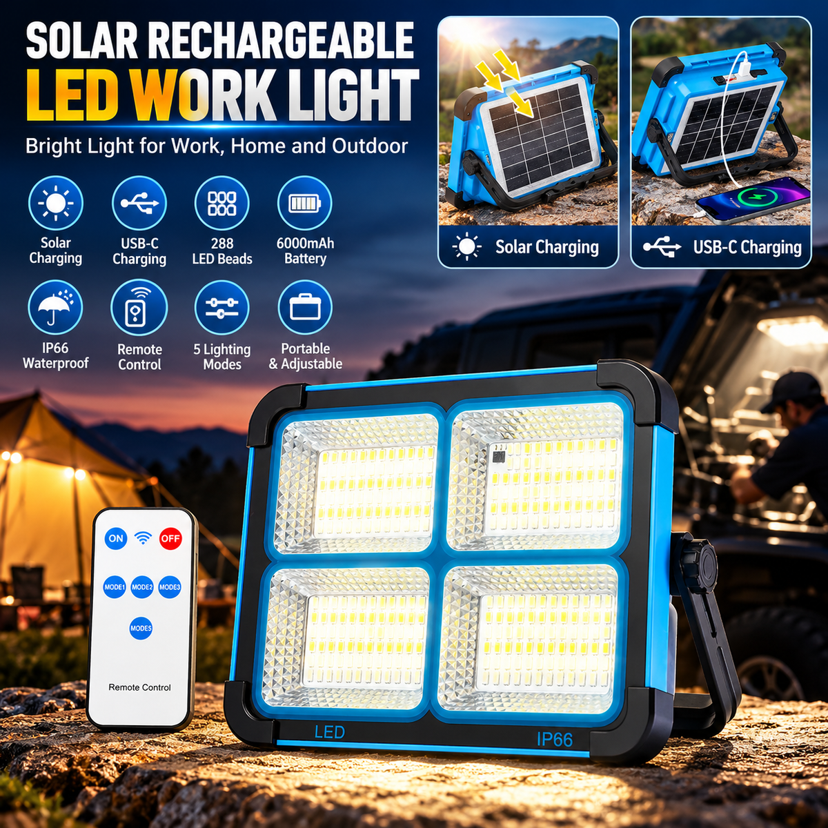 Solar Rechargeable 6000mA LED Work Light