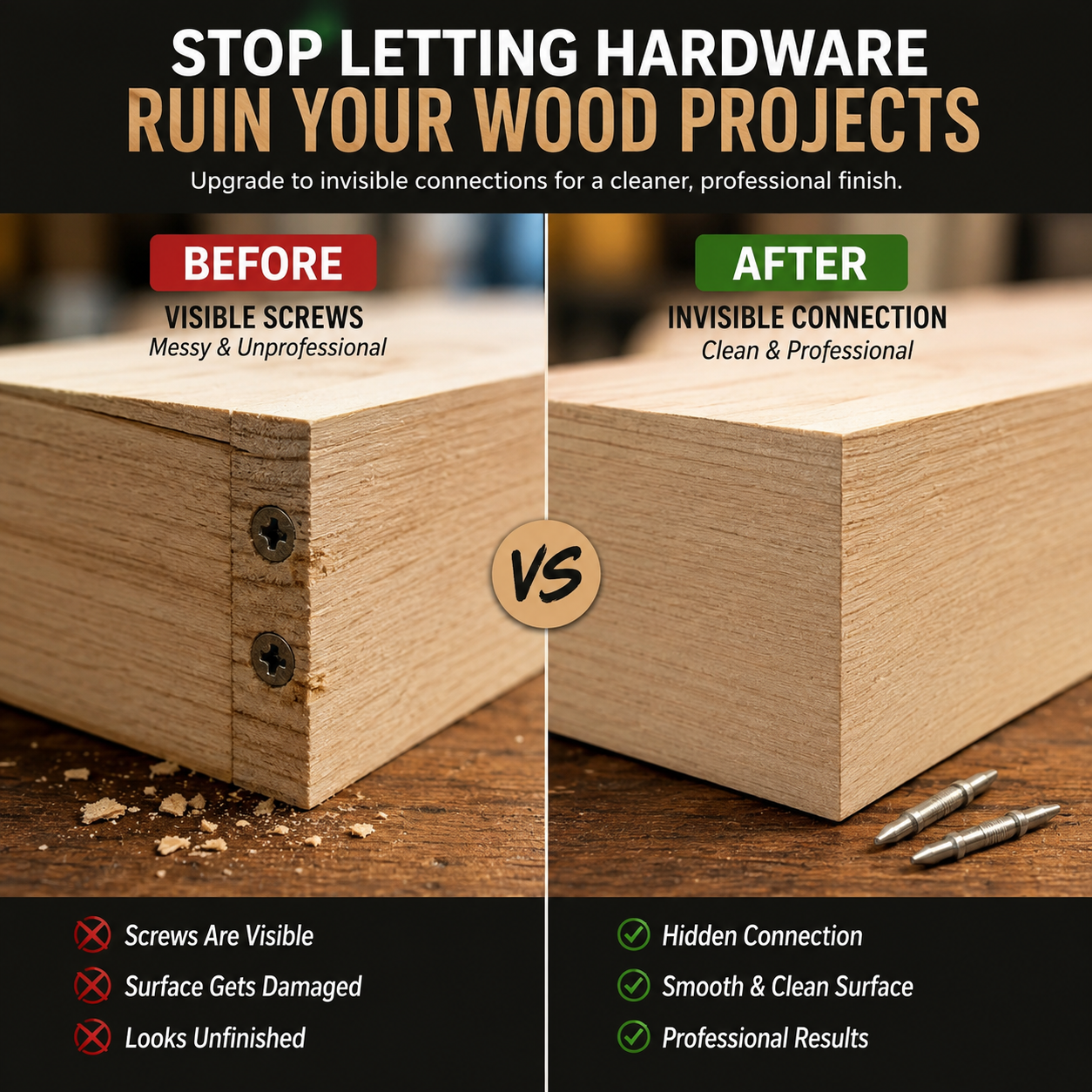 Before and after hidden wood joint