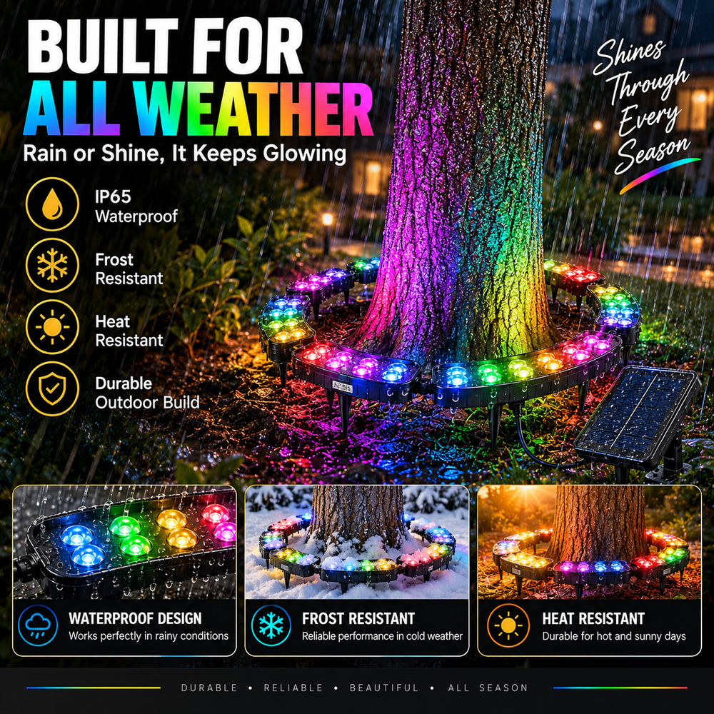 Outdoor solar tree ring lighting with product illustrations of use in different weather conditions