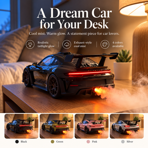 🏎️💨 Sports Car Exhaust Mist Humidifier – LED Light-Up Desk Decor & Unique Gift for Car Lovers 🎁