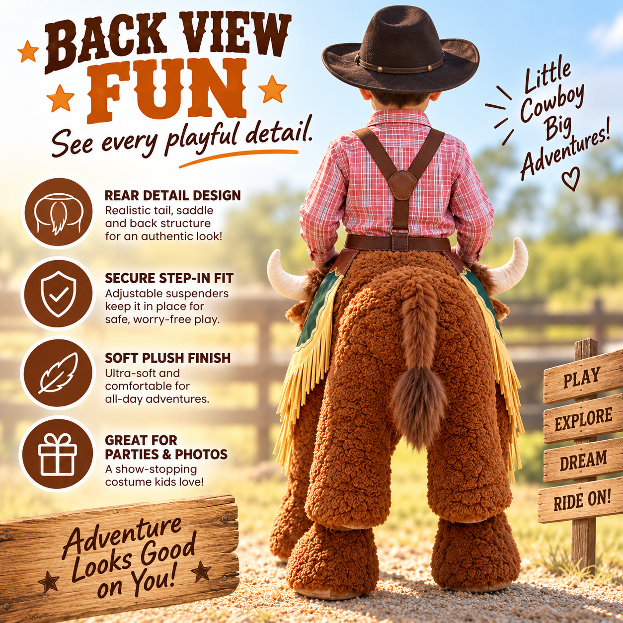 🤠 Kids Plush Ride-On Bison Costume – 3D Cowboy Halloween & Party Dress-Up