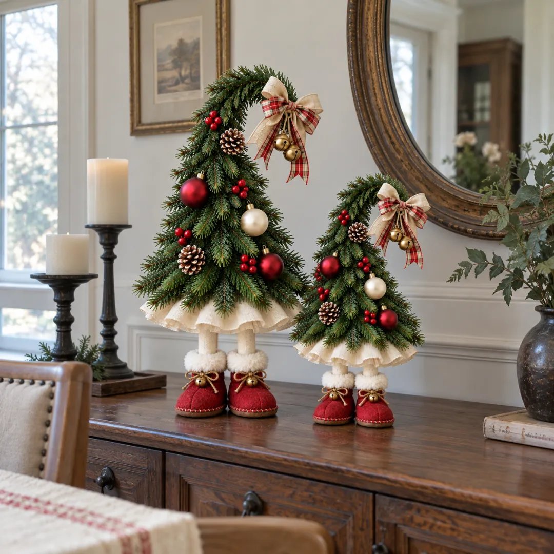 🎄 Whimsical Christmas Elf Tree – Cute Red Boots & Vintage Holiday Charm