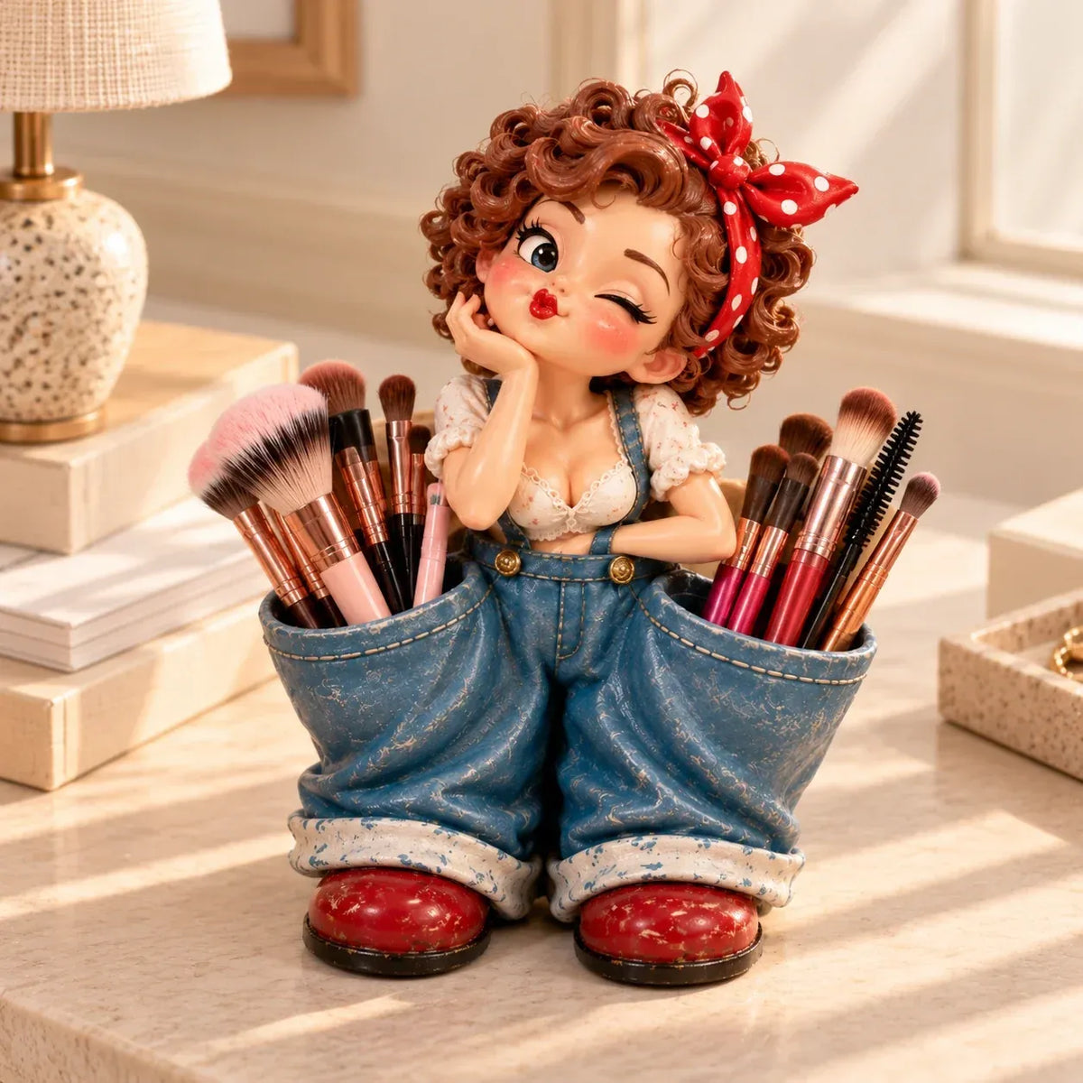 🎀💕 Vintage Girl Double-Pocket Organizer – Cute Denim-Style Figurine & Home Décor ✨