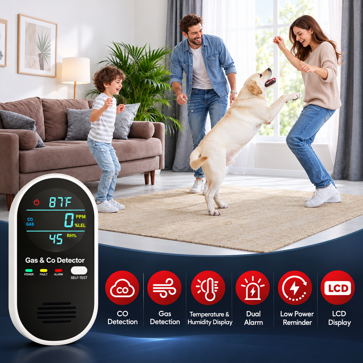 🛡️4 in 1 Gas & Carbon Monoxide Detector with Temperature and Humidity Display