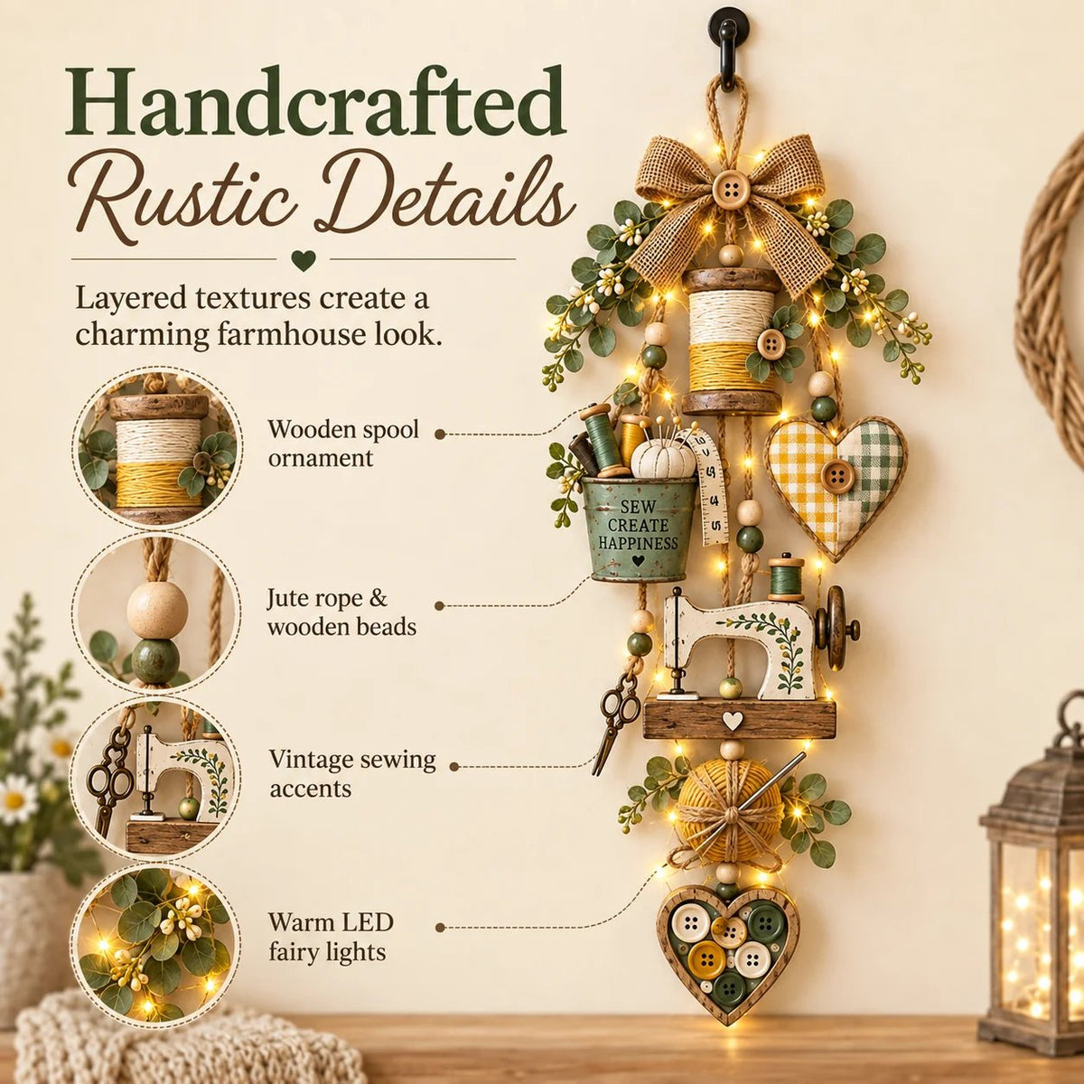 Close detail view of rustic sewing ornament with wooden spool rope beads sewing machine and fairy lights