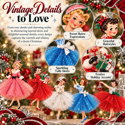 🎀 5 Vintage Christmas Lady Ornaments – Retro Faces, Tulle Skirts & Holiday Charm