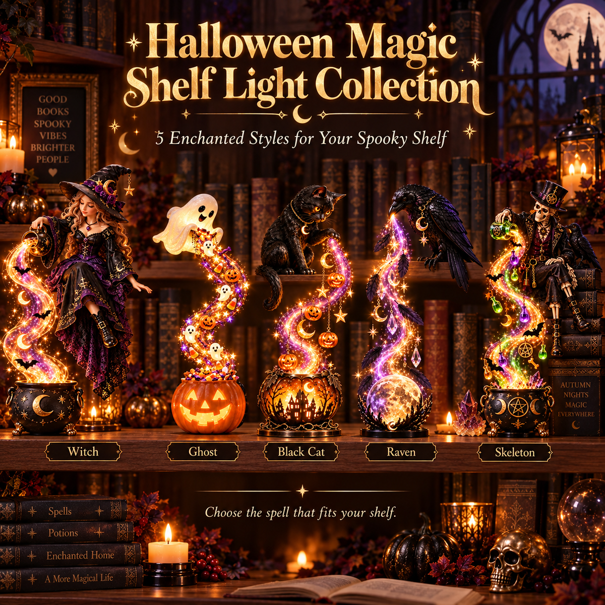 Five Halloween Magic Cascade Shelf Light styles displayed together on a gothic bookshelf