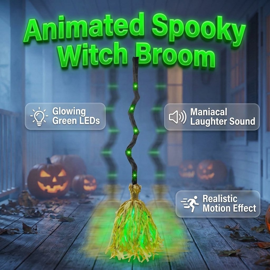 Animated Halloween Witch Broom with Lights, Sound and Motion Decor