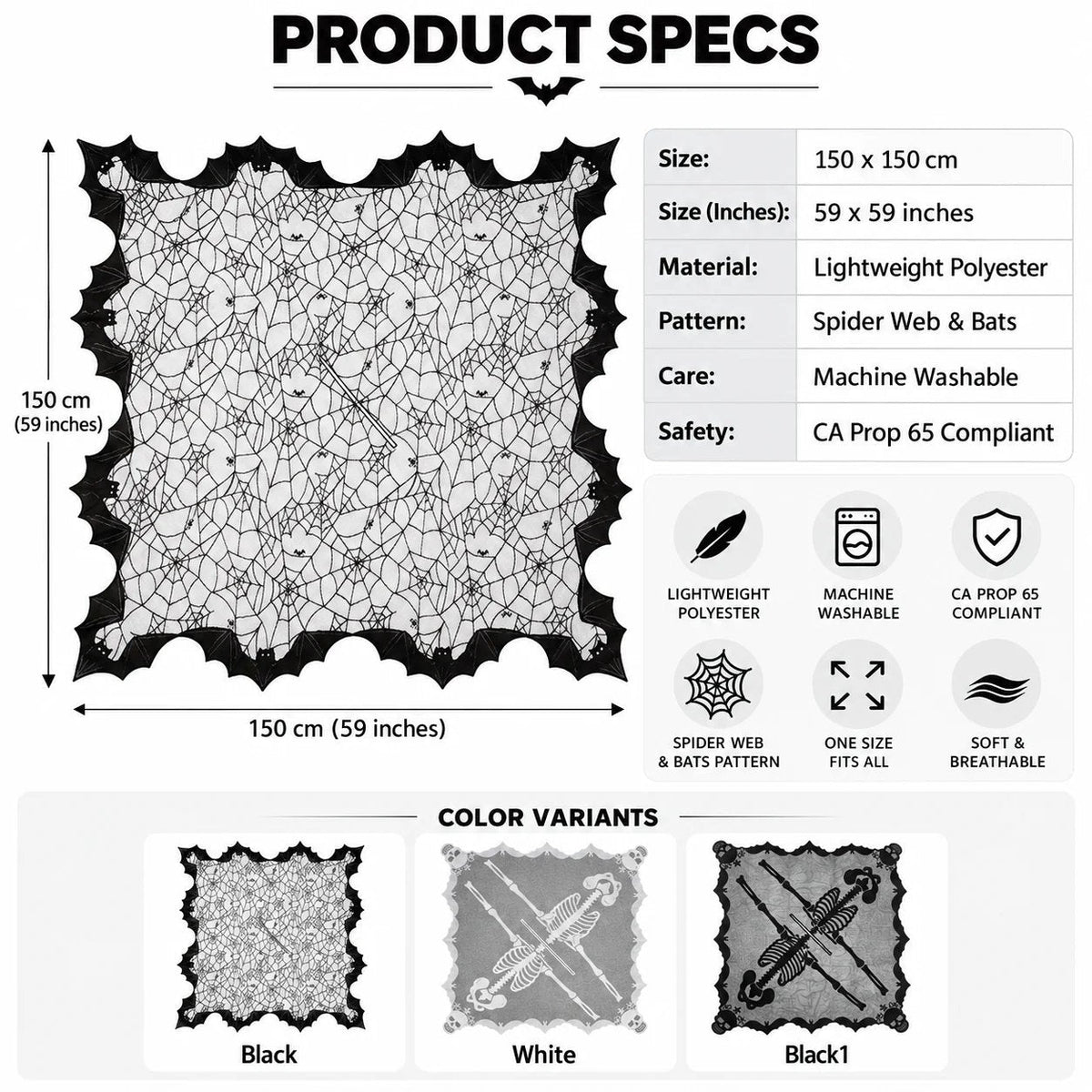 🕸️ Spider Web Bat Wing Halloween Cape – 150 × 150 cm Gothic Costume Shawl