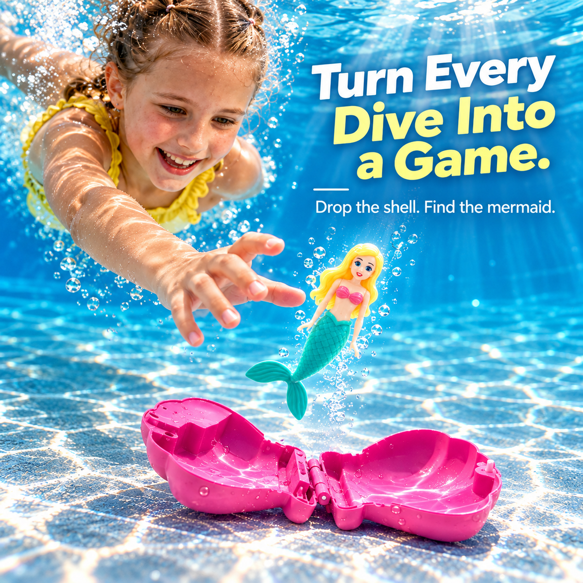 Swimmer reaching for mermaid diving toy underwater