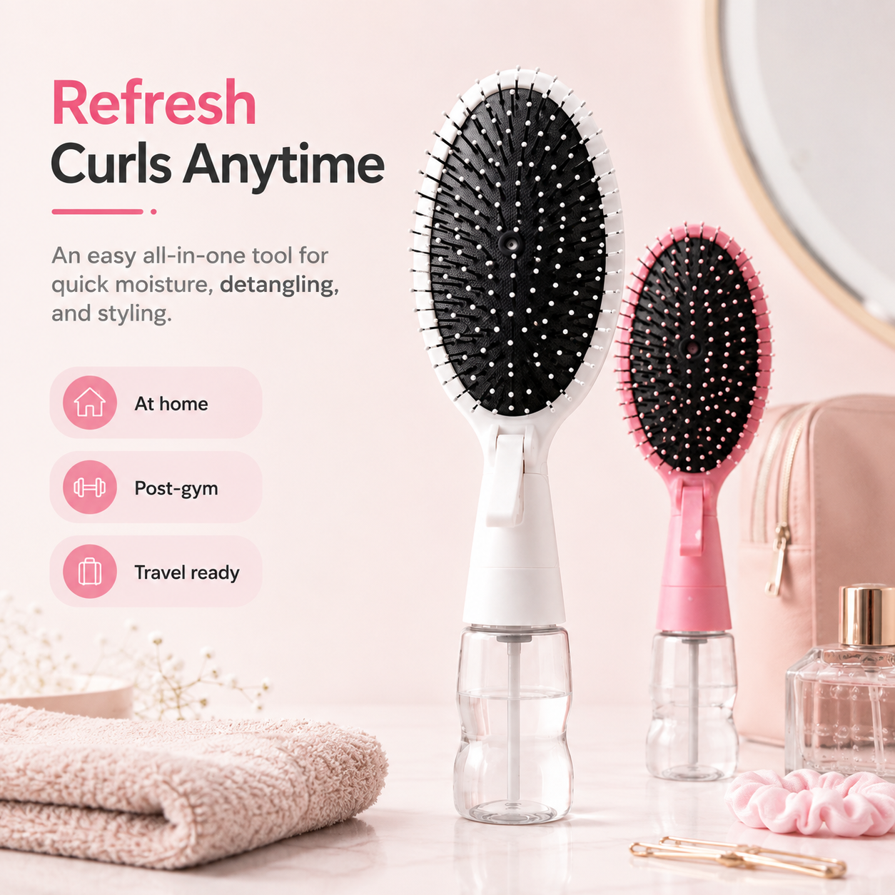 💦 2-in-1 Mist Spray Hair Brush – Detangling & Curl Refresh Brush With Refillable Reservoir
