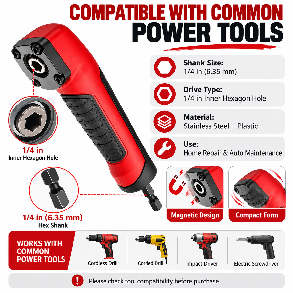 One quarter inch hex right angle drill adapter compatibility
