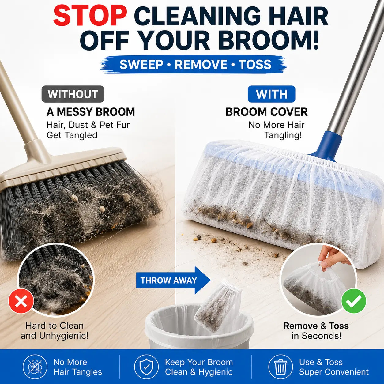 Disposable Broom Dust Covers, Non-Woven Dust Catcher for Standard Brooms