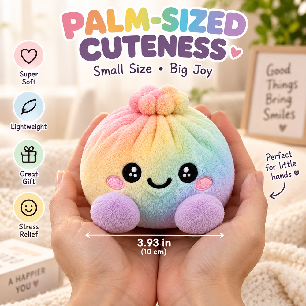 Palm-sized rainbow plush dumpling showing approximate 3.93 inch 10 centimeter width