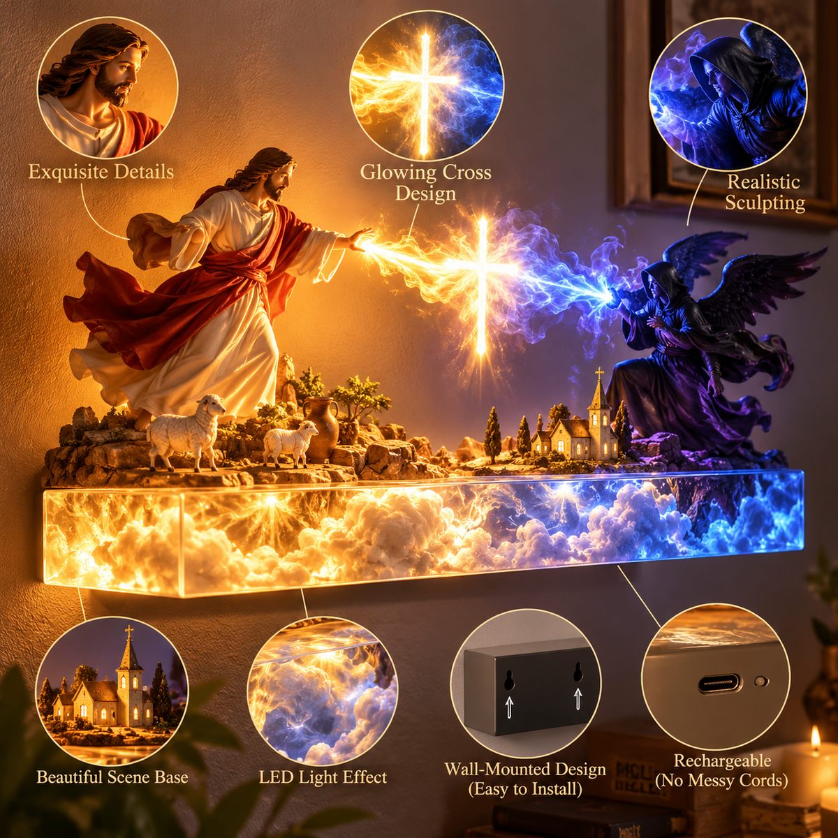 ✝️✨ Divine Light of Faith™ – 3D Illuminated Mural of Jesus and Angels