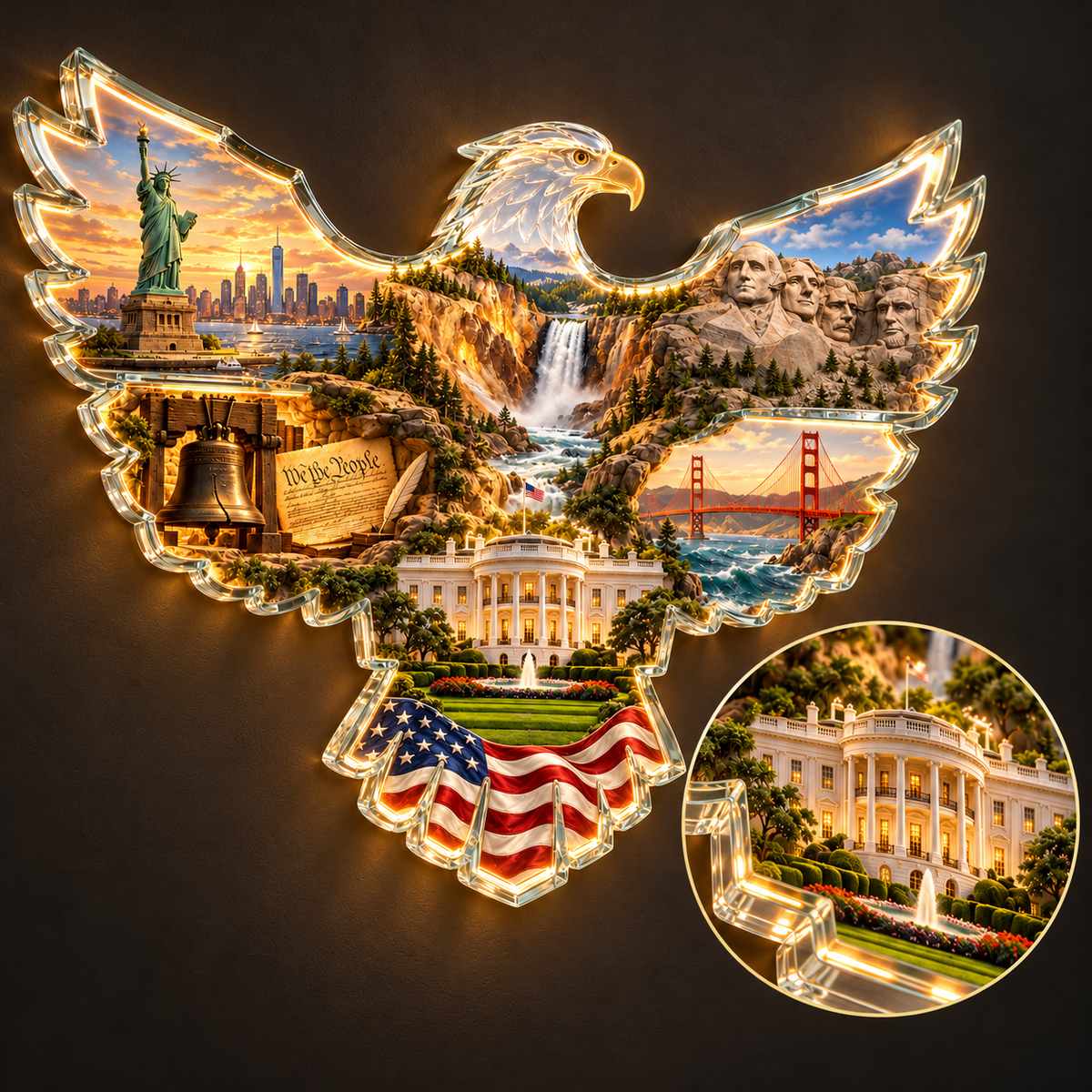 🦅 American Heritage Lighted Eagle Wall Art – 6 Iconic U.S. Landmarks