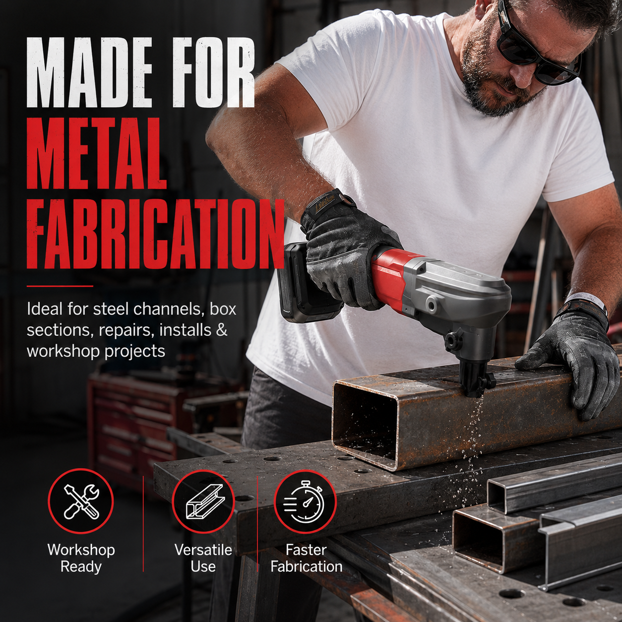 Cordless metal cutter for steel channels box sections repairs and fabrication