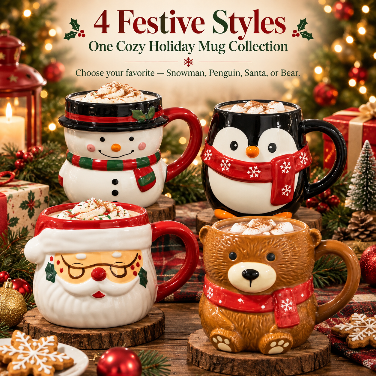 🎄 Christmas Character Mug Collection – Snowman, Santa, Penguin & Bear Stoneware Mugs