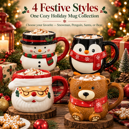 🎄 Christmas Character Mug Collection – Snowman, Santa, Penguin & Bear Stoneware Mugs