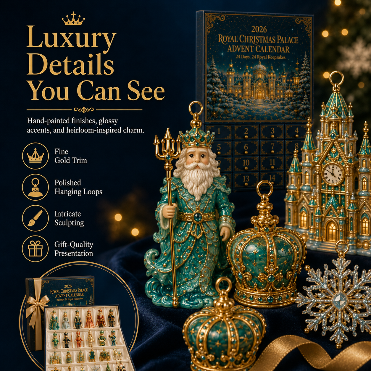 Close up luxury details of Royal Christmas Palace ornaments