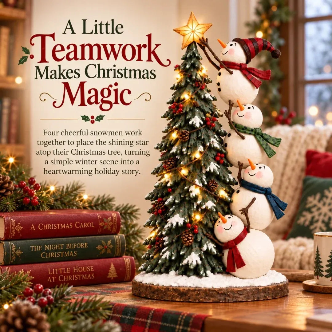 ⛄ Four Snowmen Light-Up Christmas Tree Figurine – LED Holiday Tabletop Decoration