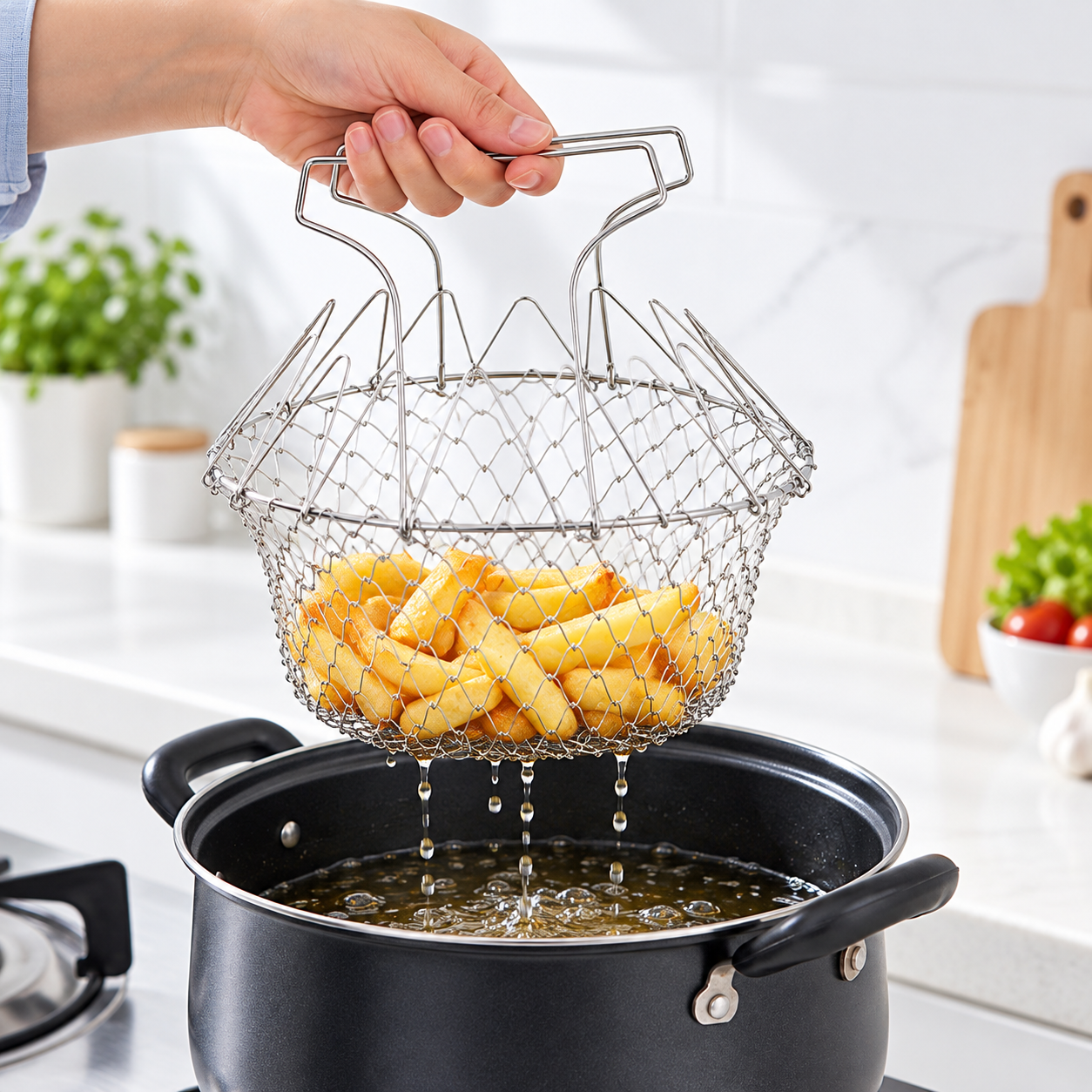 🍟 Foldable Easy-Lift Frying Basket – Fry, Lift & Drain the Whole Batch in One Easy Move