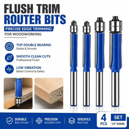 4-Piece Double Bearing Flush Trim Router Bit Set – Smooth & Precise Woodworking