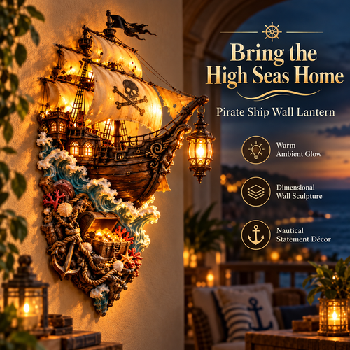 🏴‍☠️ Illuminated Pirate Ship Wall Sculpture – Nautical Treasure Lantern Décor