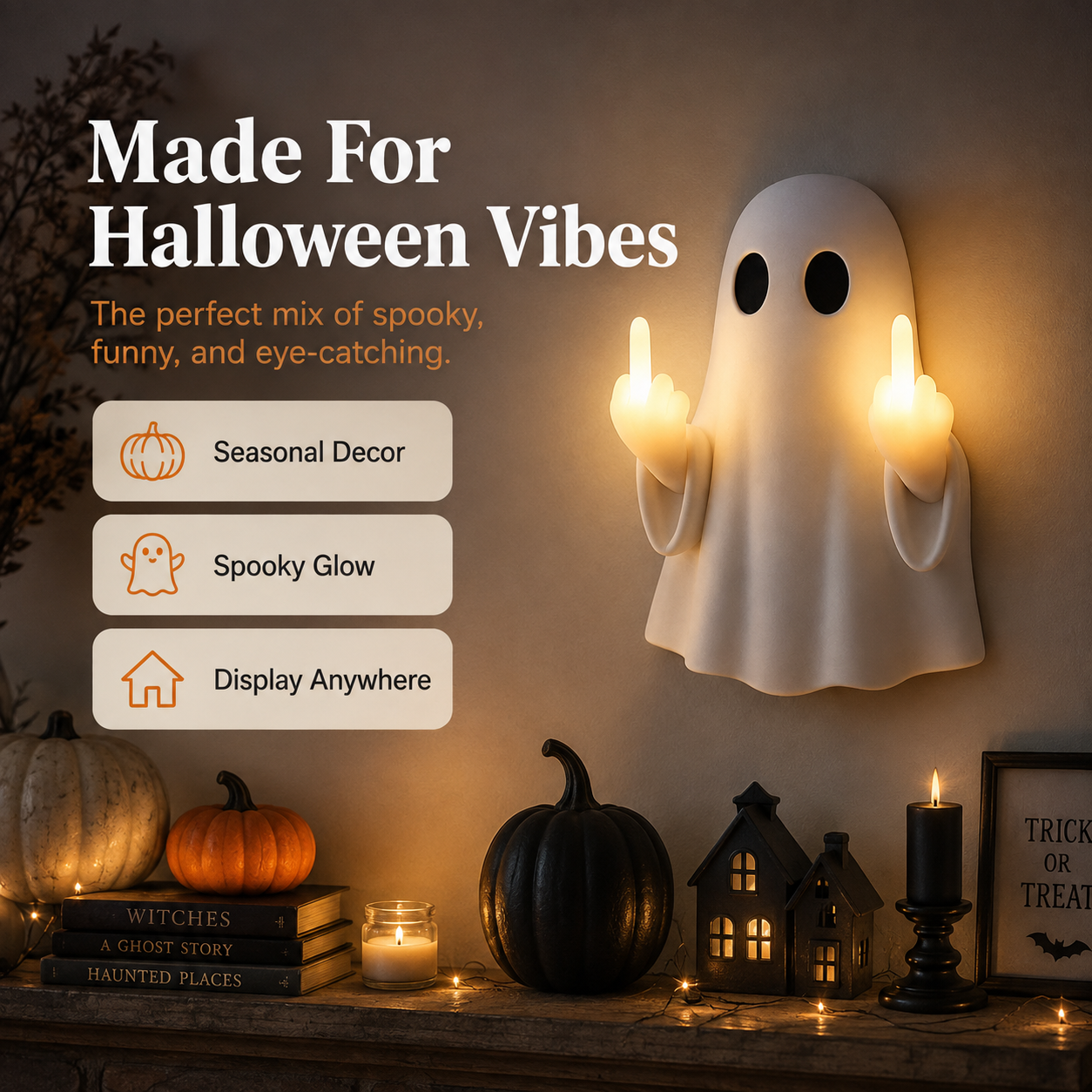 👻Middle Finger Ghost Light, Halloween Bedroom Funny LED Glow Wall Decor Lamp