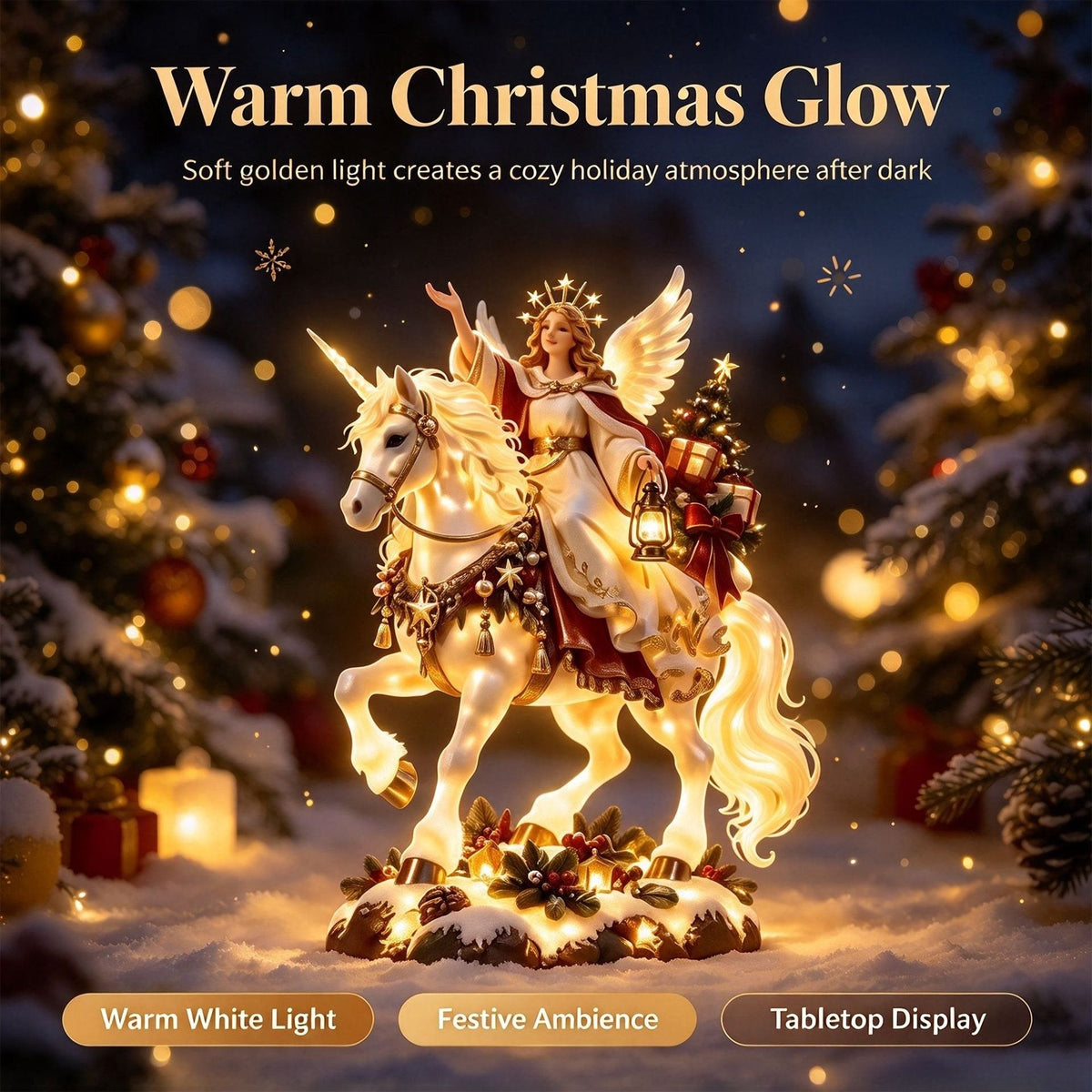 Christmas figurine with angel and unicorn – fairytale details in warm white light.
