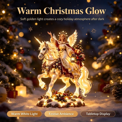 Christmas figurine with angel and unicorn – fairytale details in warm white light.
