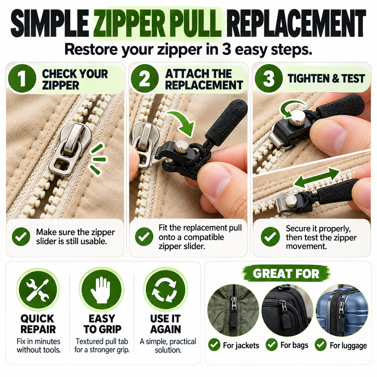 🔧 Zipper Pull Replacement Kit – Fix Broken Zipper Tabs in Minutes ✨