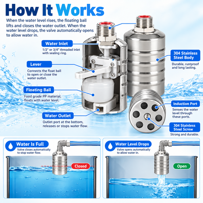 💧 Automatic Water Level Float Valve – 304 Stainless Steel Tank Fill Controller