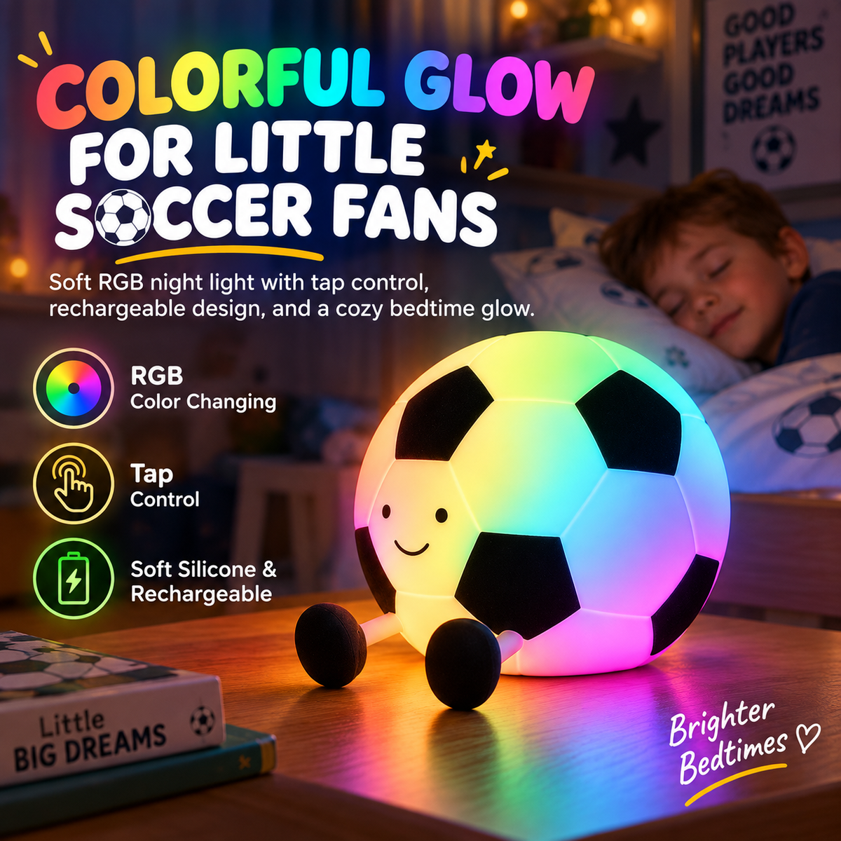 ⚽ Tap. Glow. Score. – 7-Color Soccer Night Light 🌈