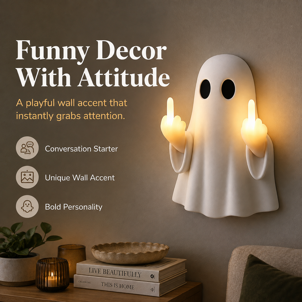 👻Middle Finger Ghost Light, Halloween Bedroom Funny LED Glow Wall Decor Lamp