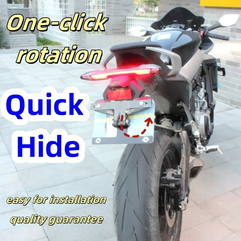 Motorized adjustable motorcycle license plate bracket installed at rear of motorcycle