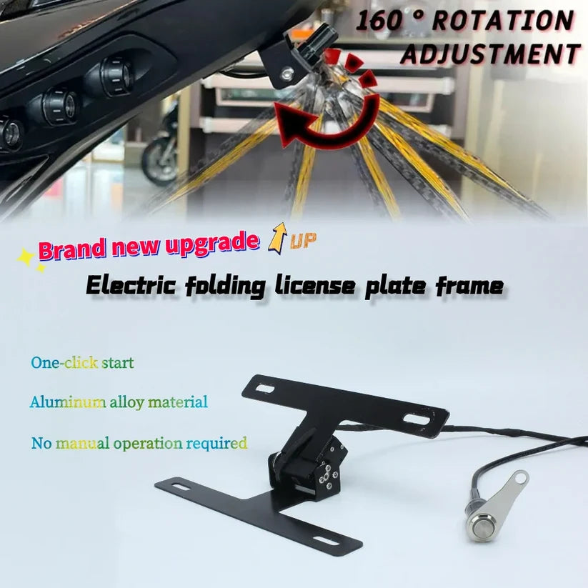 Motorized motorcycle plate bracket showing rotation adjustment