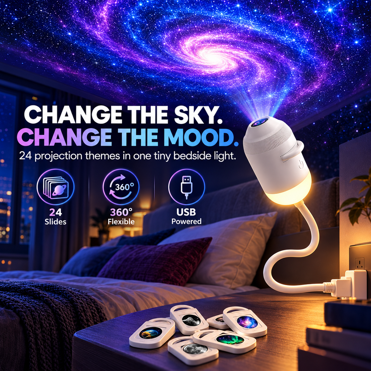🌙 Galaxy Projector Night Light – 24 HD Slides, USB Powered & 360° Adjustable