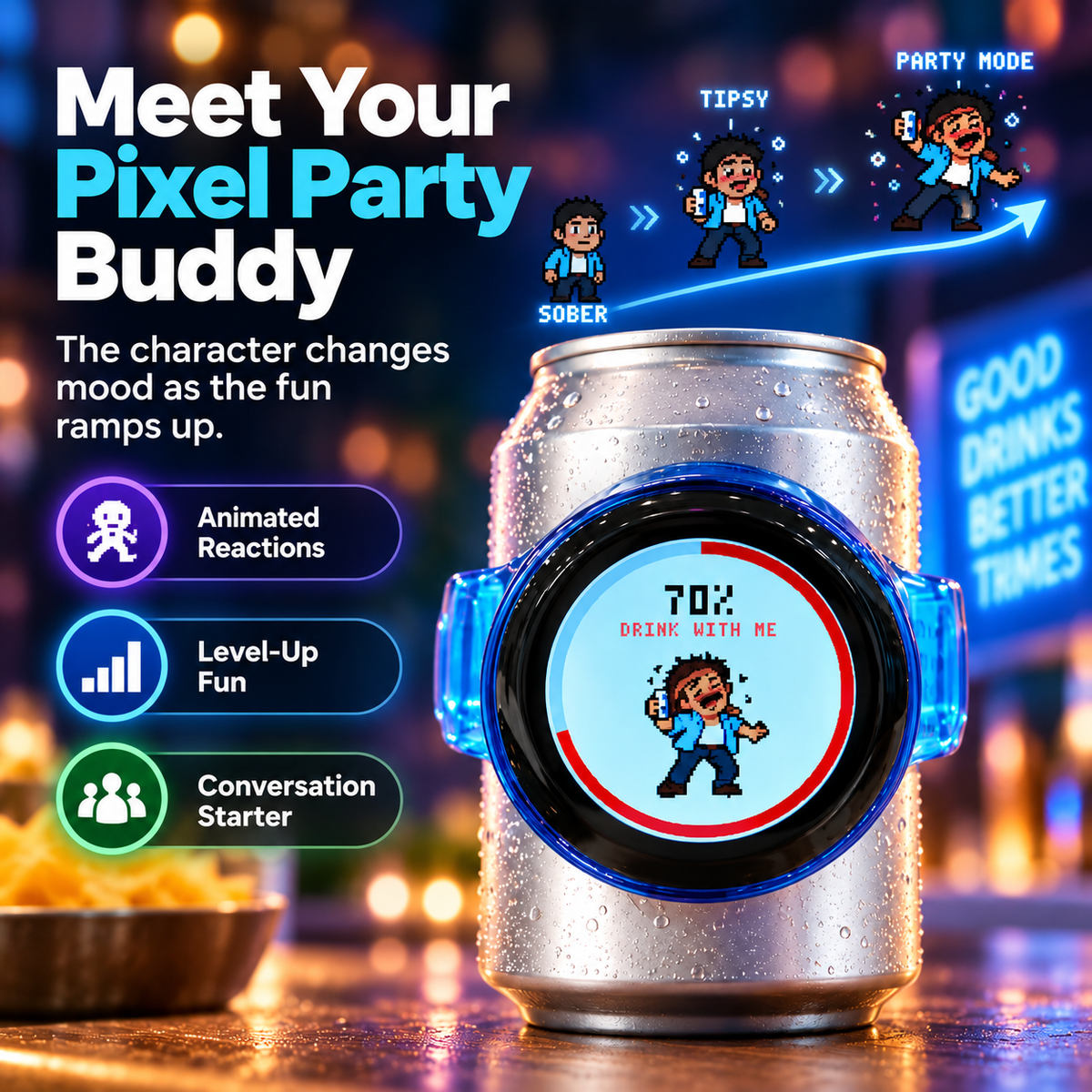 🎮 Interactive Pixel Party Can Companion – Motion-Responsive Mini Game Drink Gadget