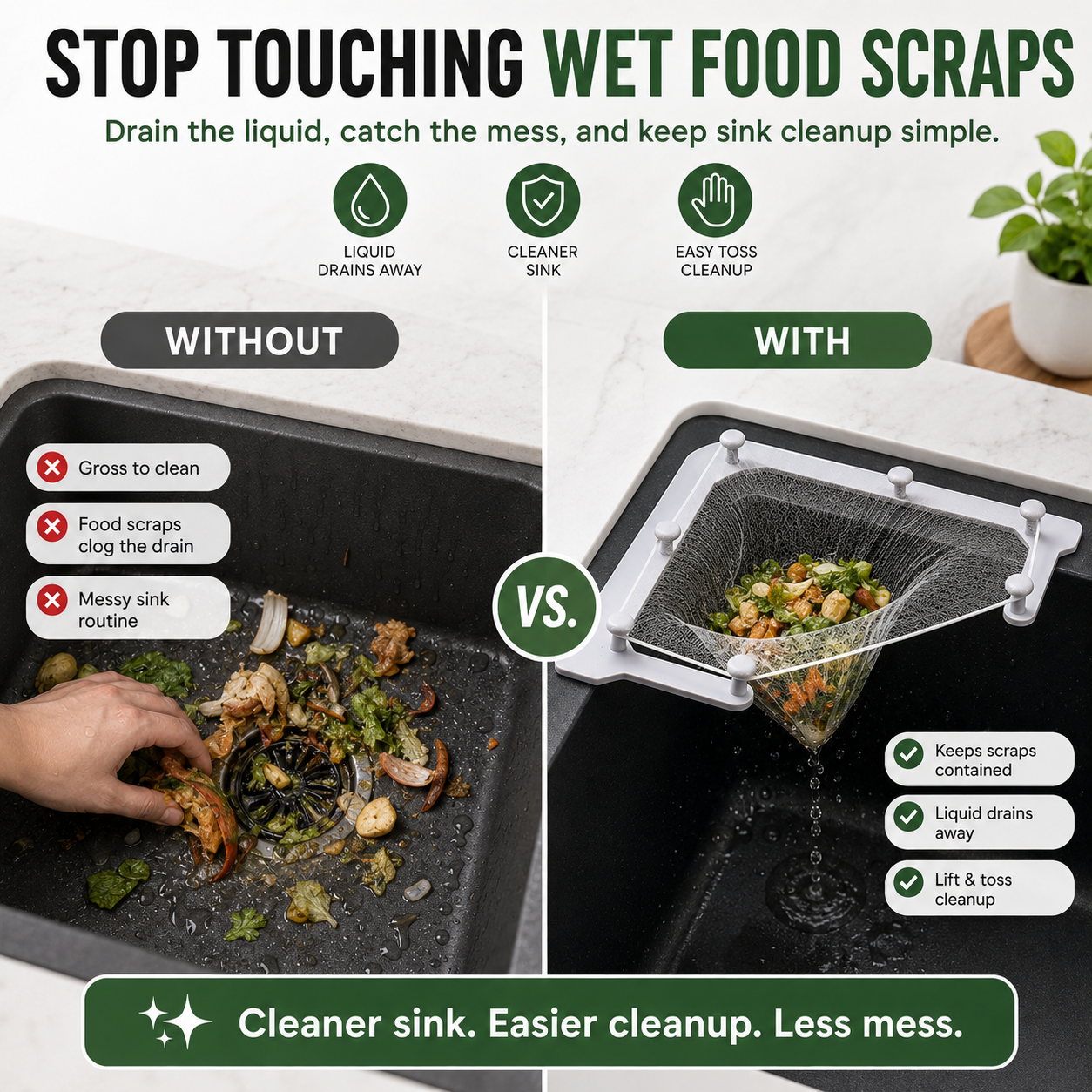 🗑️ Smart Sink Strainer Holder Kit With 50 Mesh Bags – Keep Food Scraps Away From Your Drain