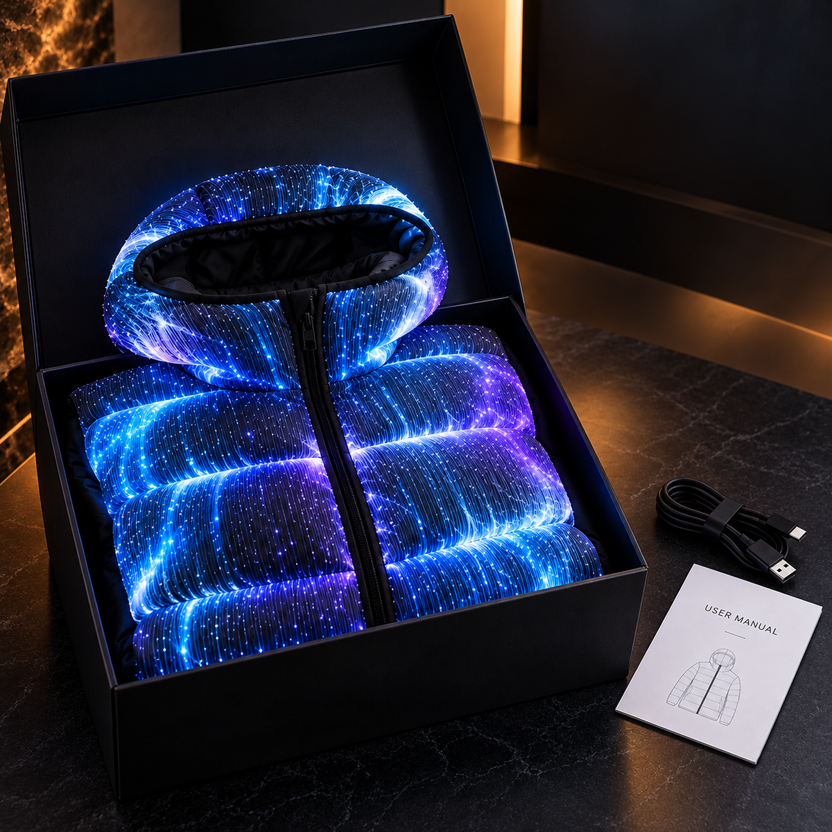 ⚡🌌LED Light-Up Puffer Jacket – All-Over Fiber Optic Glow, Hooded Winter Coat for Festivals & Nightlife ✨