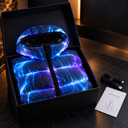 ⚡🌌LED Light-Up Puffer Jacket – All-Over Fiber Optic Glow, Hooded Winter Coat for Festivals & Nightlife ✨