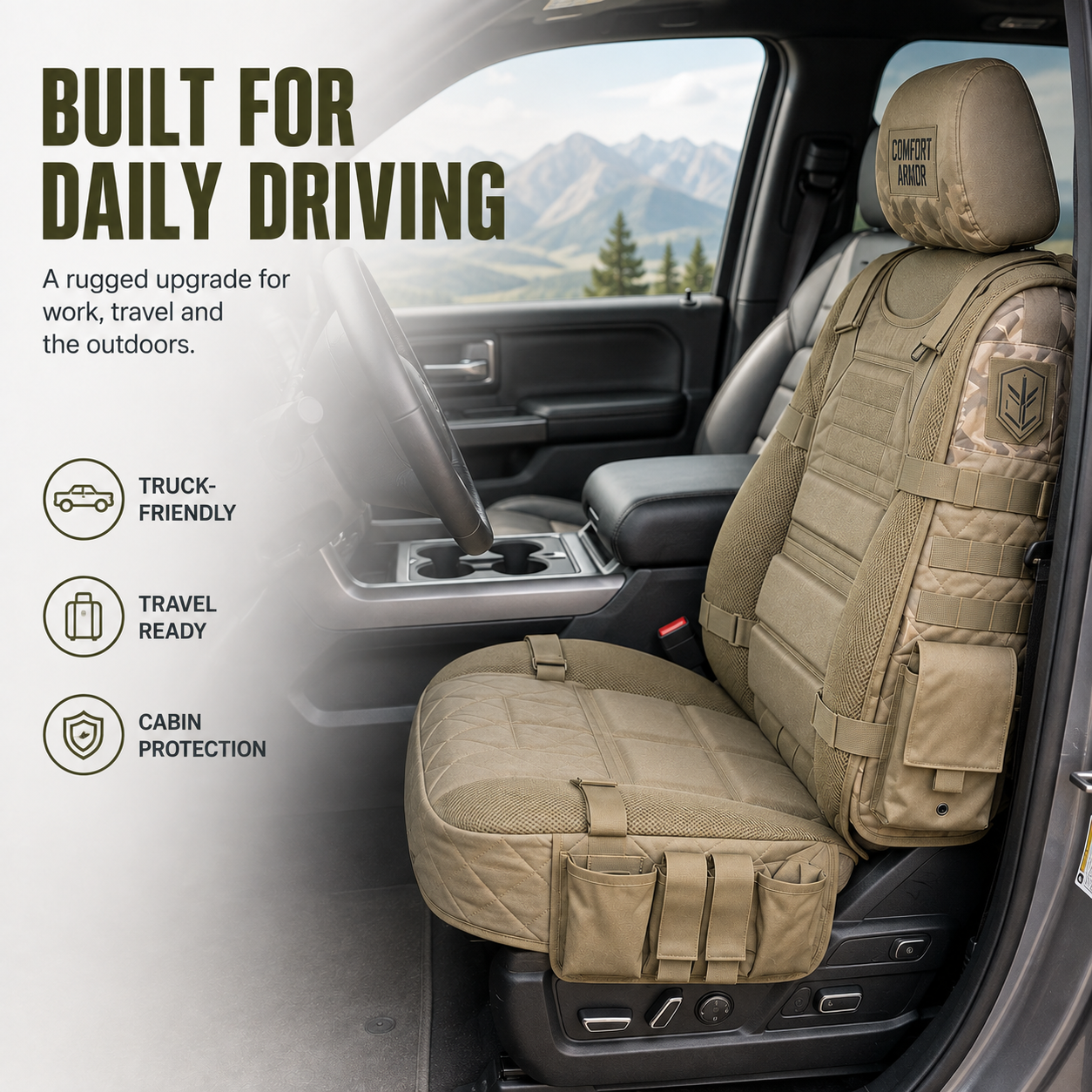 Tactical seat cover organizer for daily driving work travel and outdoor trips