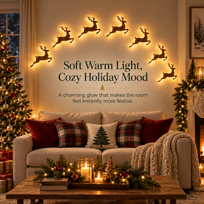 🦌 7-Piece Glowing Reindeer Wall Decor – Warm Christmas Flying Reindeer Light Set