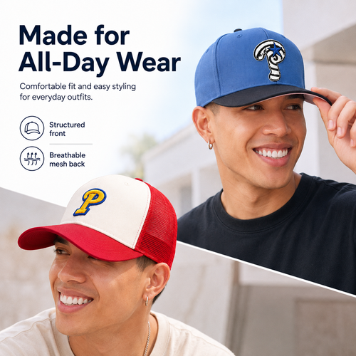 🧢 Embroidered Streetwear Cap – Blue Flat-Brim & Red Mesh-Back Trucker Style