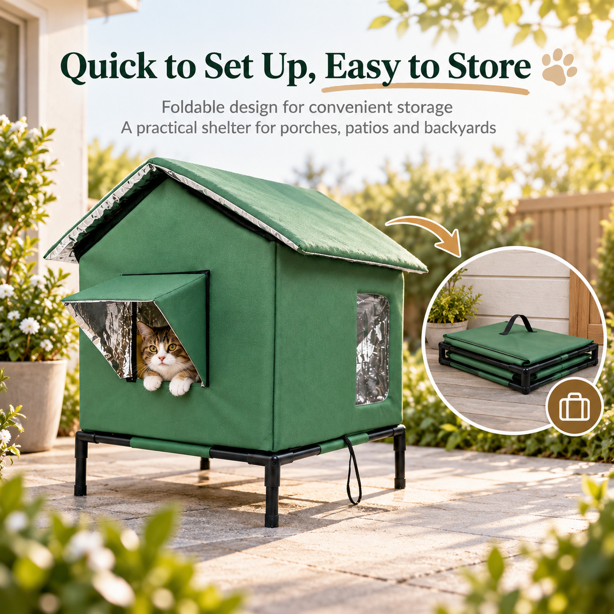 Foldable outdoor cat house packed flat for easier storage
