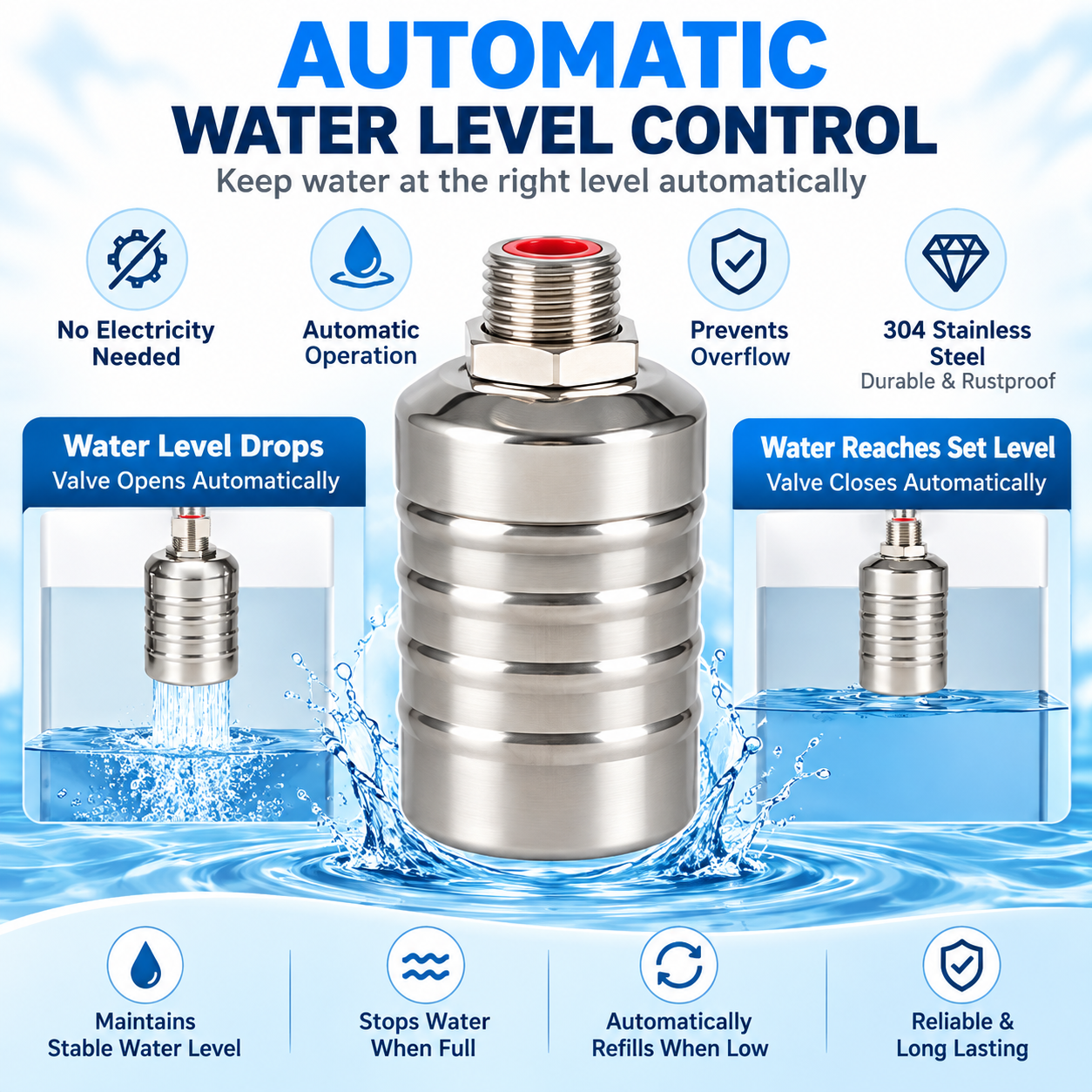 Automatic valve opening when tank water falls and closing when full