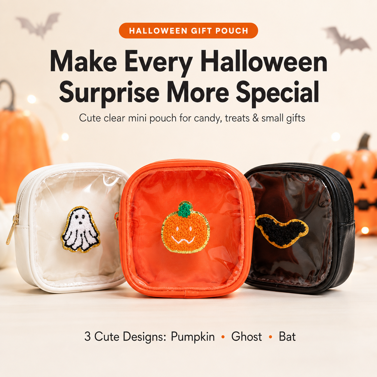 Halloween clear pouches in pumpkin ghost and bat designs