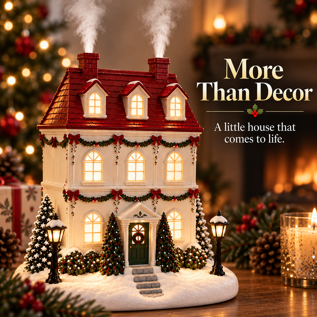 🎄 Christmas House Aroma Diffuser – Warm Glow & Chimney Mist Holiday Decor🎁