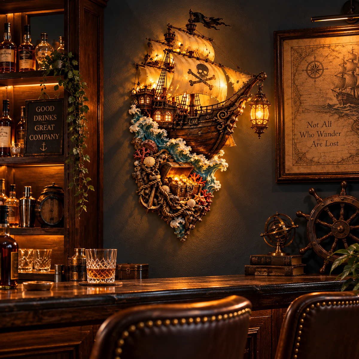 🏴‍☠️ Illuminated Pirate Ship Wall Sculpture – Nautical Treasure Lantern Décor
